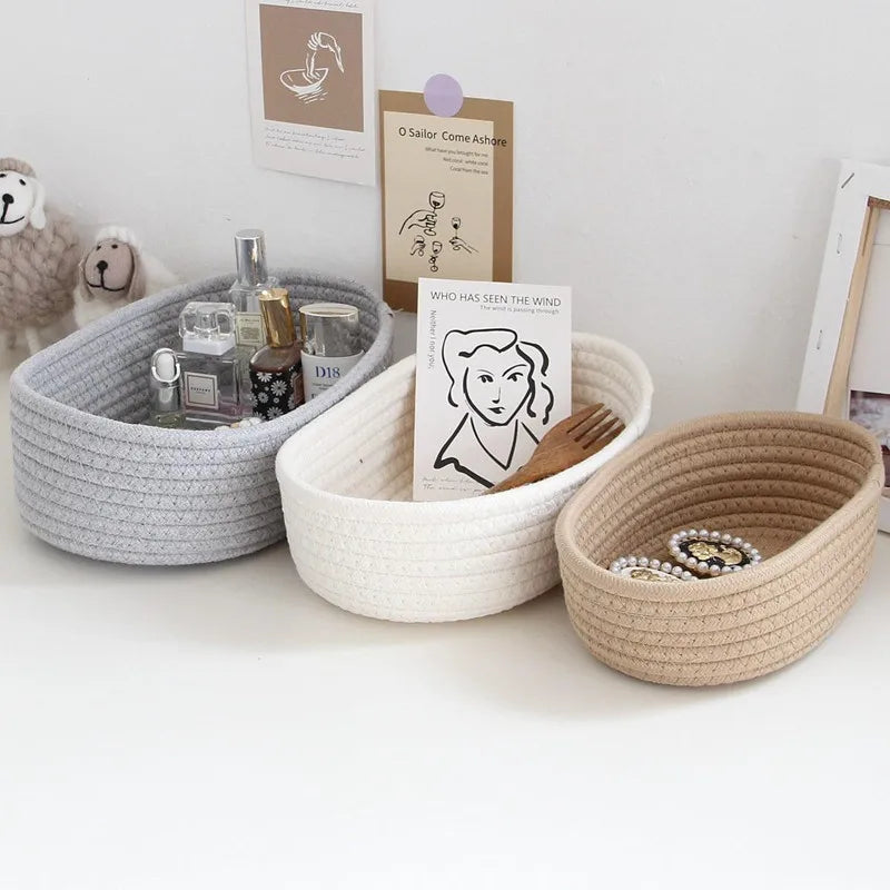 Panier de rangement en corde de coton | Tissage nordique | Petit/Moyen/Grand | Organisateur de bureau pour clés et maquillage